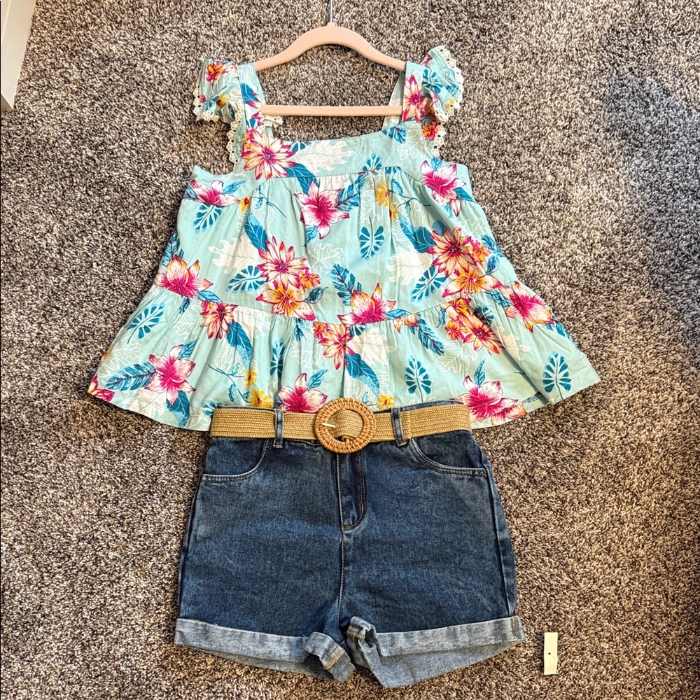 Haute Hippie Floral Kids Top with Denim Shorts